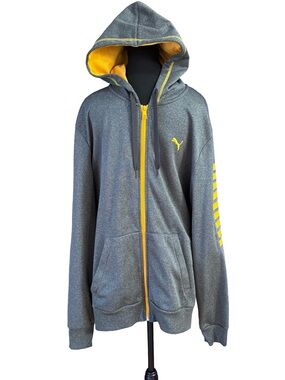 Puma Gray Zip Up Hoodie Mens XXL Yellow Logo WarmCell Athletic Casual Sporty Fit